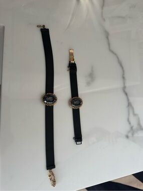 Vintage Black Mesh Cameo Choker and Bracelet Set with Gold Cameo Accents